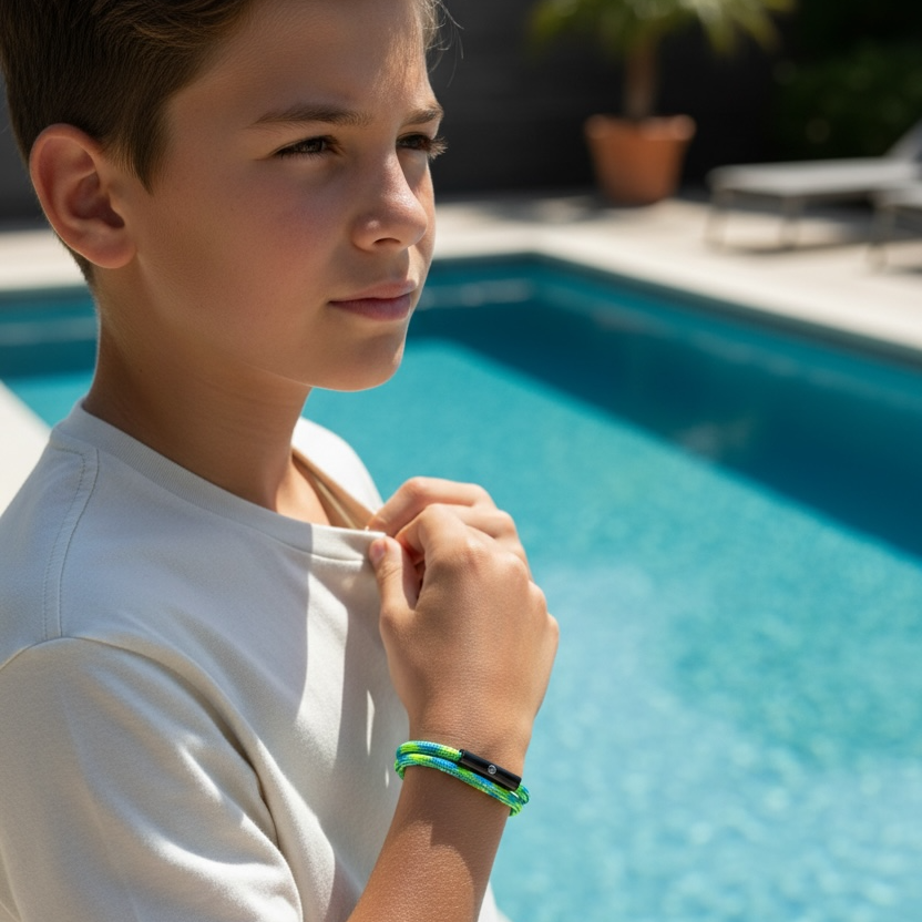 Young boy standing by a pool wearing a white t-shirt and colorful bracelets.