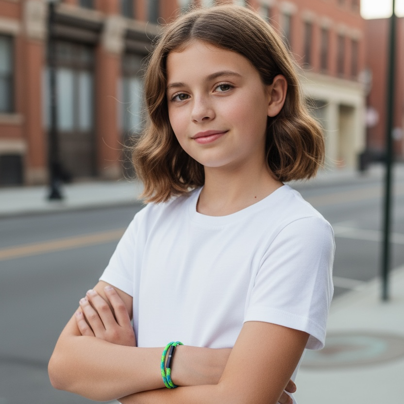 Young person wearing a white t-shirt and blue jeans standing on a street with brick buildings in the background.