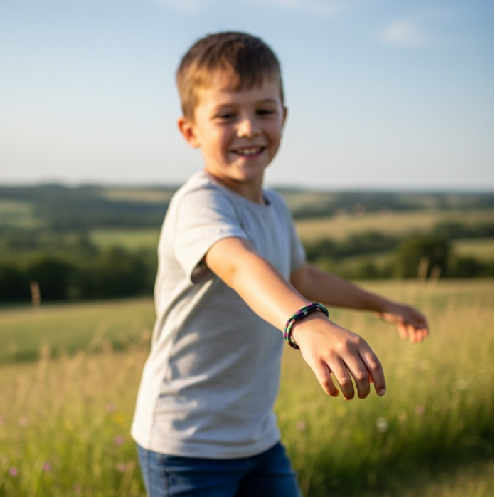 Child running in a field with a clear blue sky