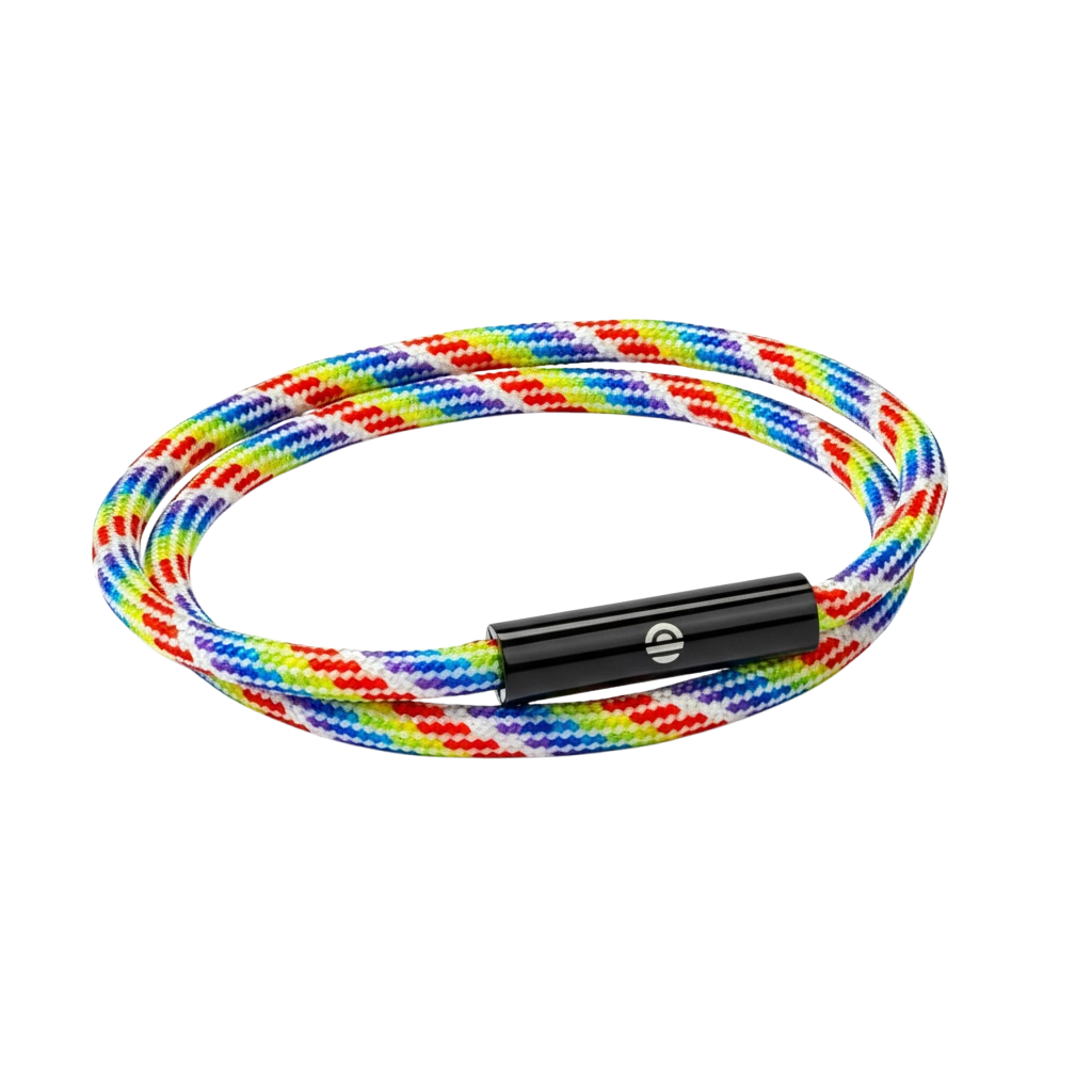 Multicolored braided bracelet with a black clasp on a white background