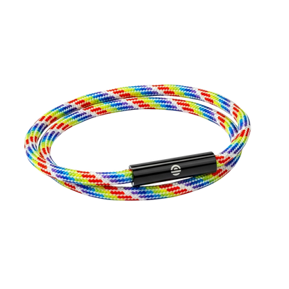 Multicolored braided bracelet with a black clasp on a white background