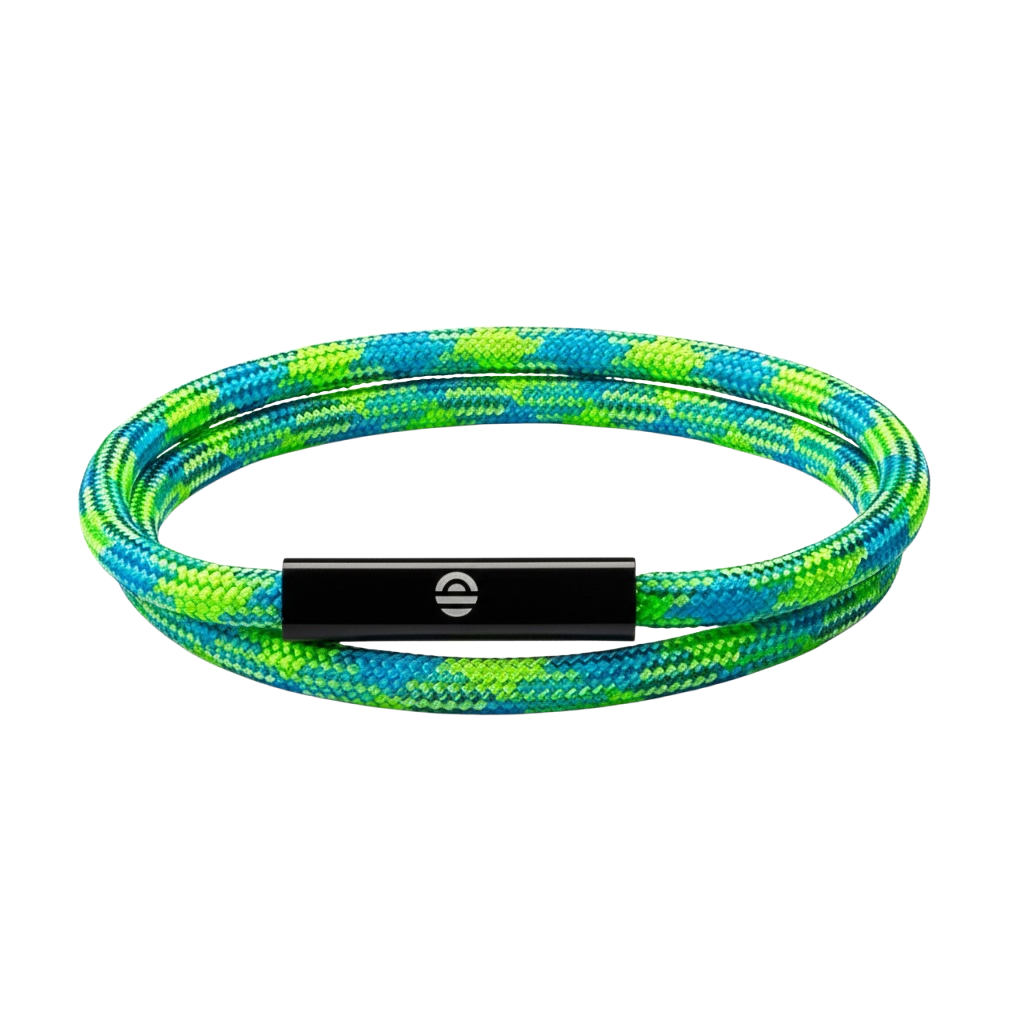 Multicolored braided bracelet with a black tag on a white background
