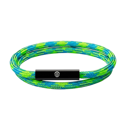 Multicolored braided bracelet with a black tag on a white background