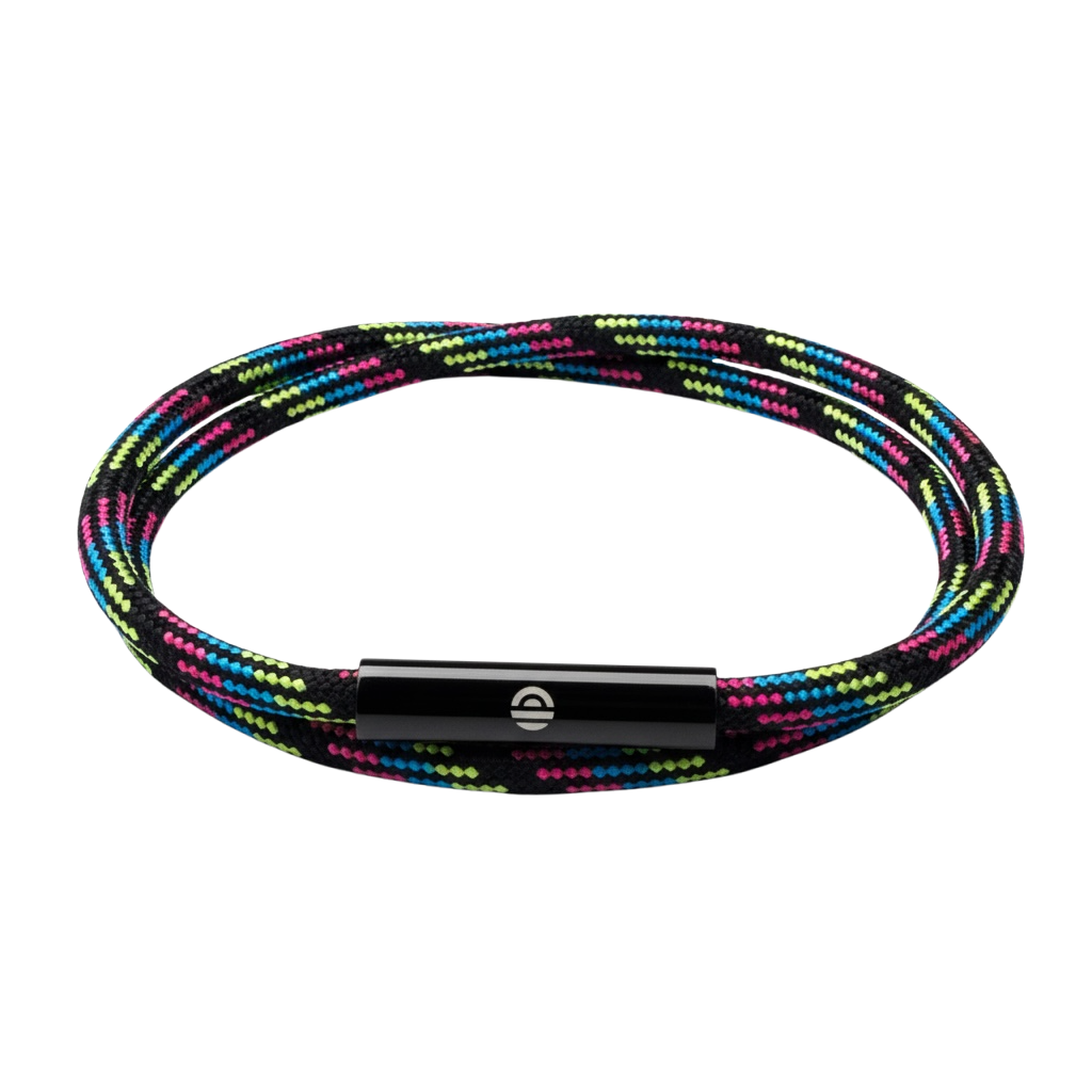 Multicolored braided bracelet with a black metal clasp on a white background