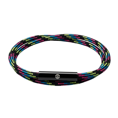 Multicolored braided bracelet with a black metal clasp on a white background